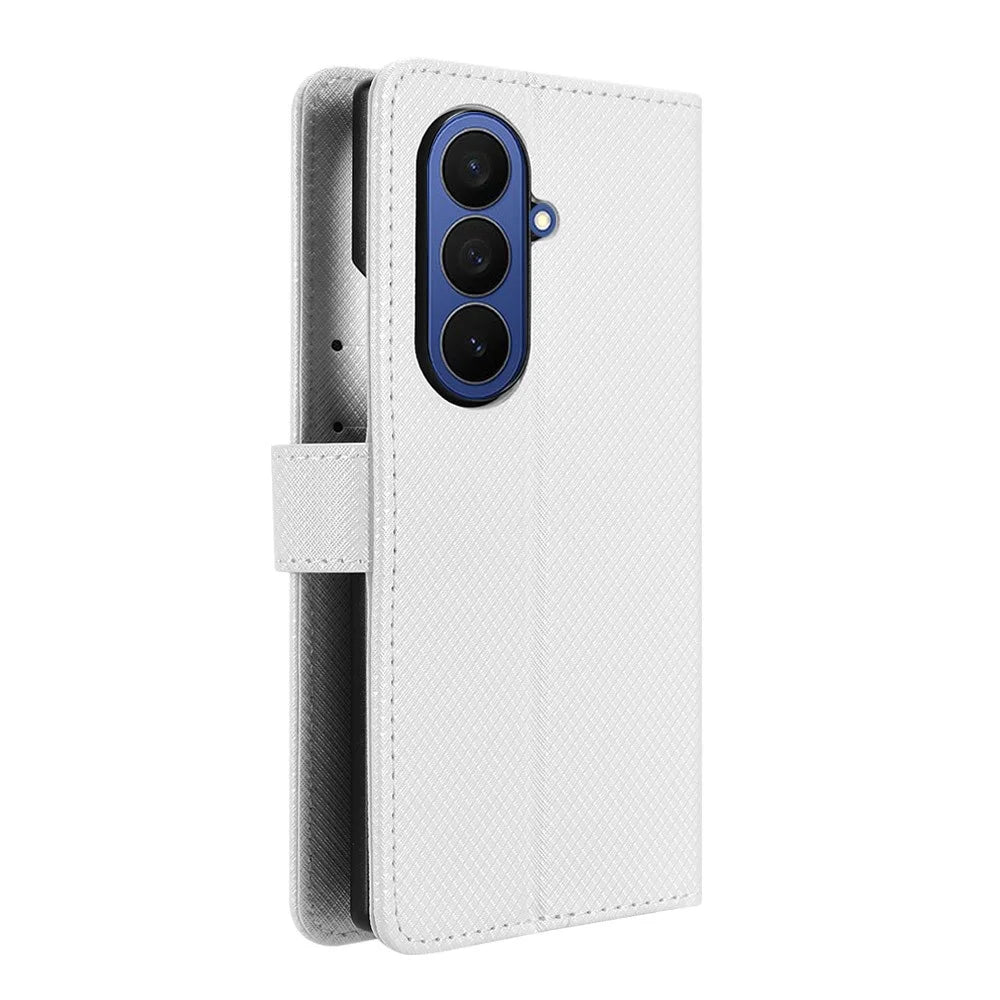 For Samsung Galaxy Z Fold7 5G Leather Wallet Case with Strap Diamond Texture Phone Cover - White - 7