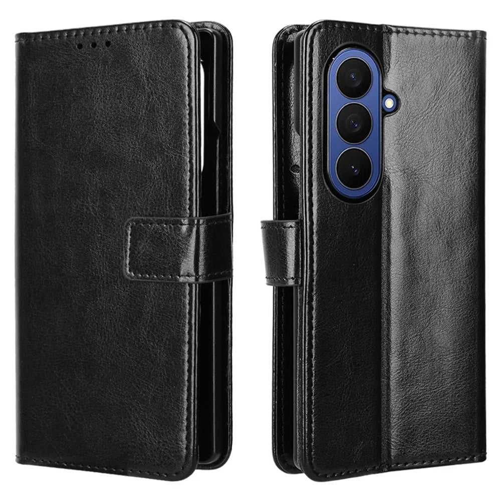 For Samsung Galaxy Z Fold7 5G PU Leather Case with Strap Crazy Horse Texture Phone Wallet Cover - Black - 1