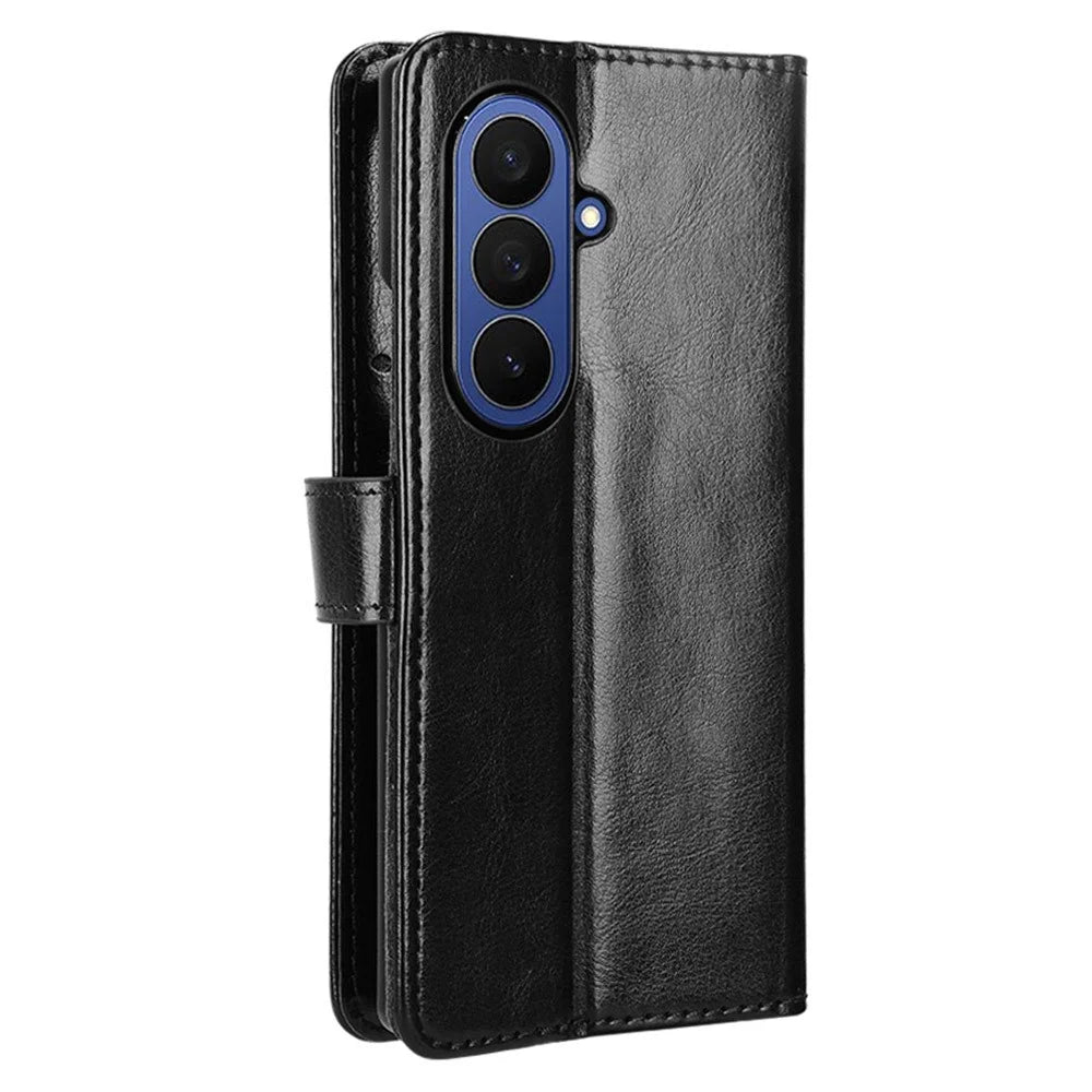 For Samsung Galaxy Z Fold7 5G PU Leather Case with Strap Crazy Horse Texture Phone Wallet Cover - Black - 6