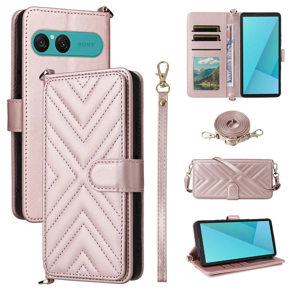For Sony Xperia 10 VII Case with Shoulder / Wrist Strap Leather Phone Cover Stand Wallet - Pink - 1