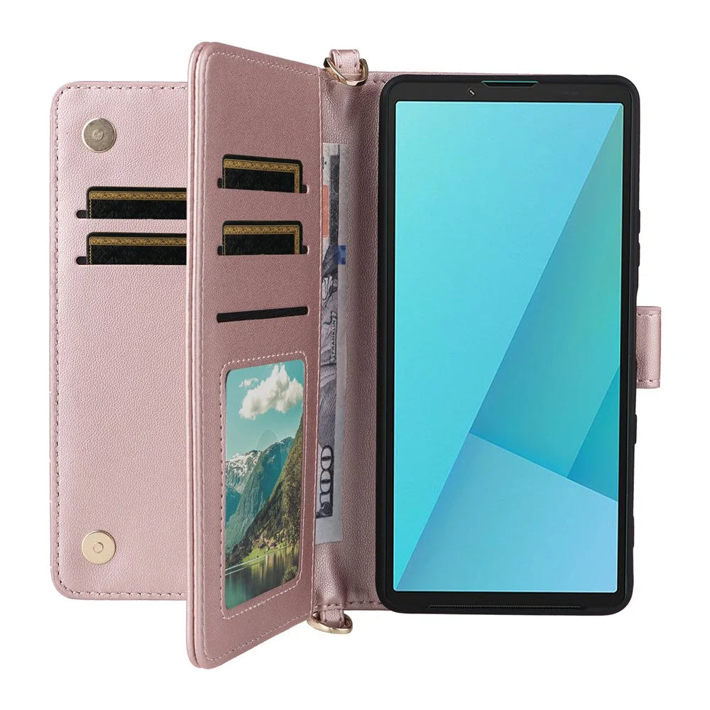 For Sony Xperia 10 VII Case with Shoulder / Wrist Strap Leather Phone Cover Stand Wallet - Pink - 2