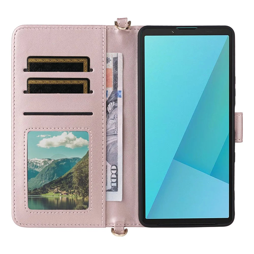 For Sony Xperia 10 VII Case with Shoulder / Wrist Strap Leather Phone Cover Stand Wallet - Pink - 3