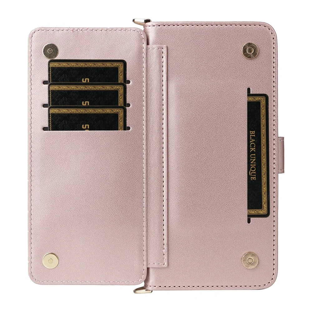 For Sony Xperia 10 VII Case with Shoulder / Wrist Strap Leather Phone Cover Stand Wallet - Pink - 4