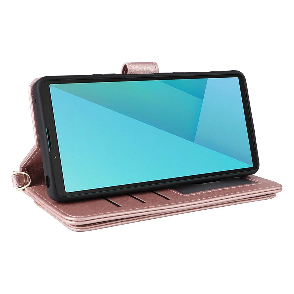 For Sony Xperia 10 VII Case with Shoulder / Wrist Strap Leather Phone Cover Stand Wallet - Pink - 5