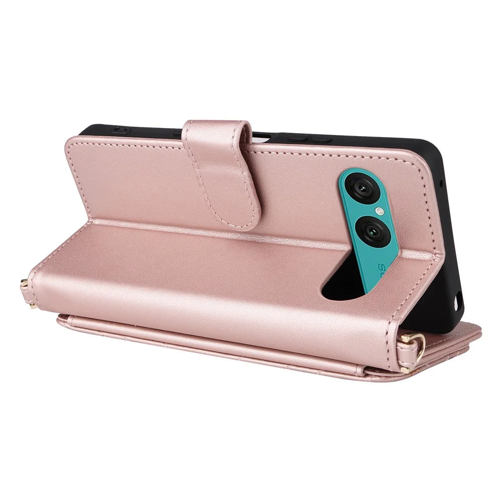 For Sony Xperia 10 VII Case with Shoulder / Wrist Strap Leather Phone Cover Stand Wallet - Pink - 6