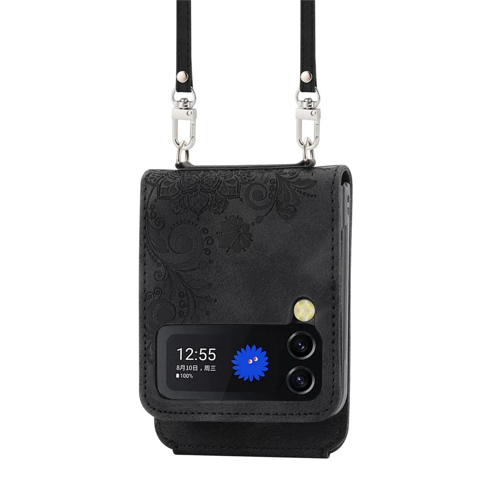 For Samsung Galaxy Z Flip3 5G Imprinted Flowers Folding Phone Case Skin-touch PU Leather Stand Card Holder Cover with Shoulder Strap - Black - 2