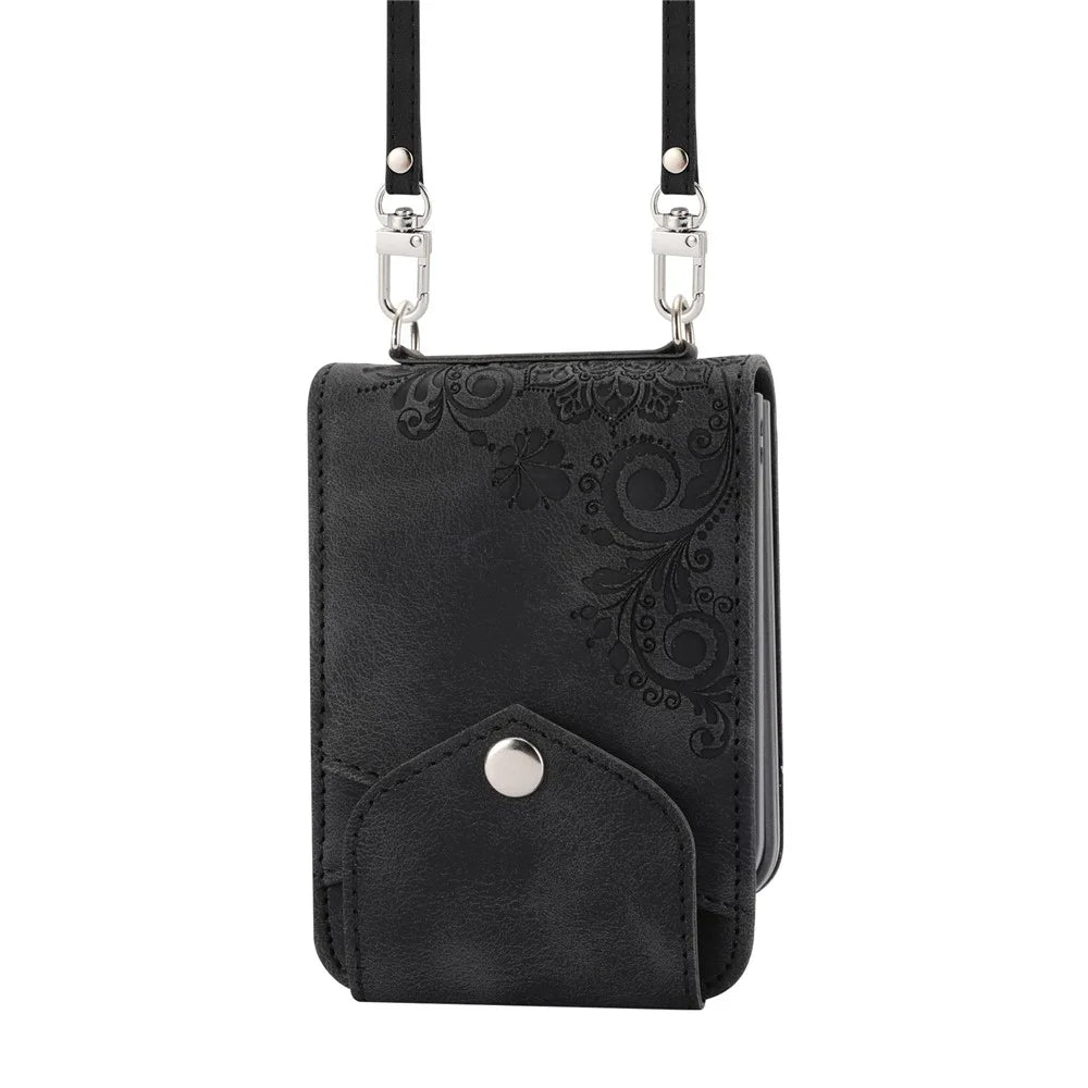 For Samsung Galaxy Z Flip3 5G Imprinted Flowers Folding Phone Case Skin-touch PU Leather Stand Card Holder Cover with Shoulder Strap - Black - 3