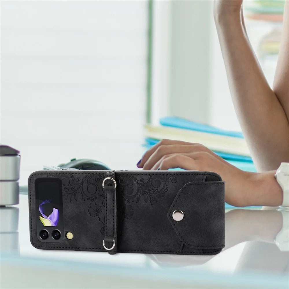 For Samsung Galaxy Z Flip3 5G Imprinted Flowers Folding Phone Case Skin-touch PU Leather Stand Card Holder Cover with Shoulder Strap - Black - 6