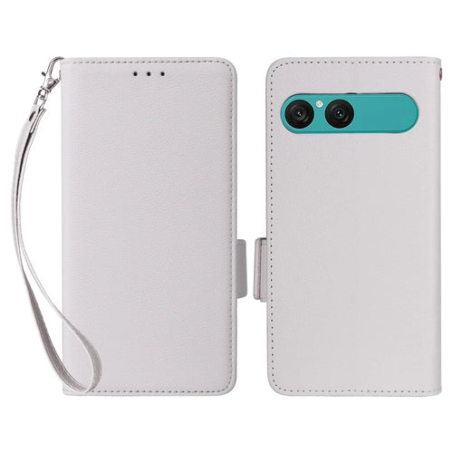 For Sony Xperia 10 VII Case Litchi Texture Wallet Leather Phone Cover with Wrist Strap - White - 1