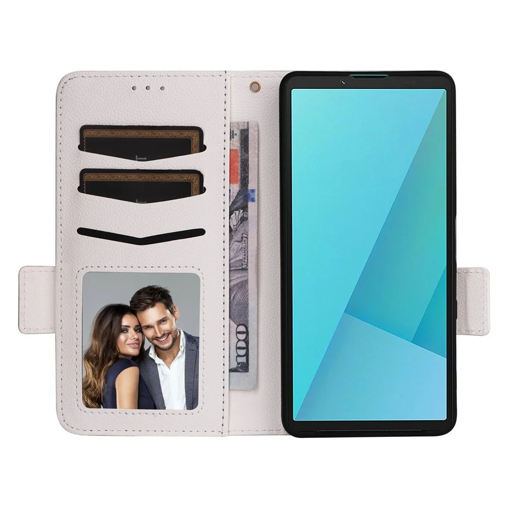 For Sony Xperia 10 VII Case Litchi Texture Wallet Leather Phone Cover with Wrist Strap - White - 2