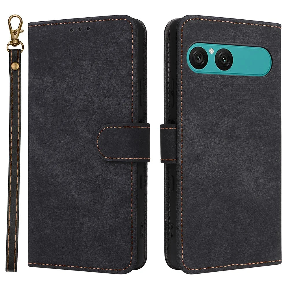For Sony Xperia 10 VII Case Wallet RFID Blocking PU Leather Phone Cover Stand with Strap - Black - 1