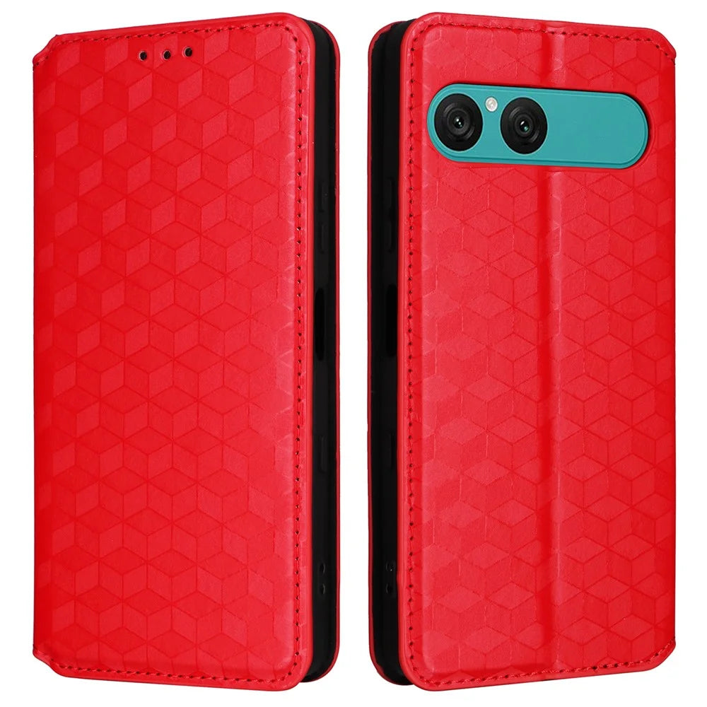 For Sony Xperia 10 VII Case Wallet Rhombus Imprinted Leather Phone Cover - Red - 1