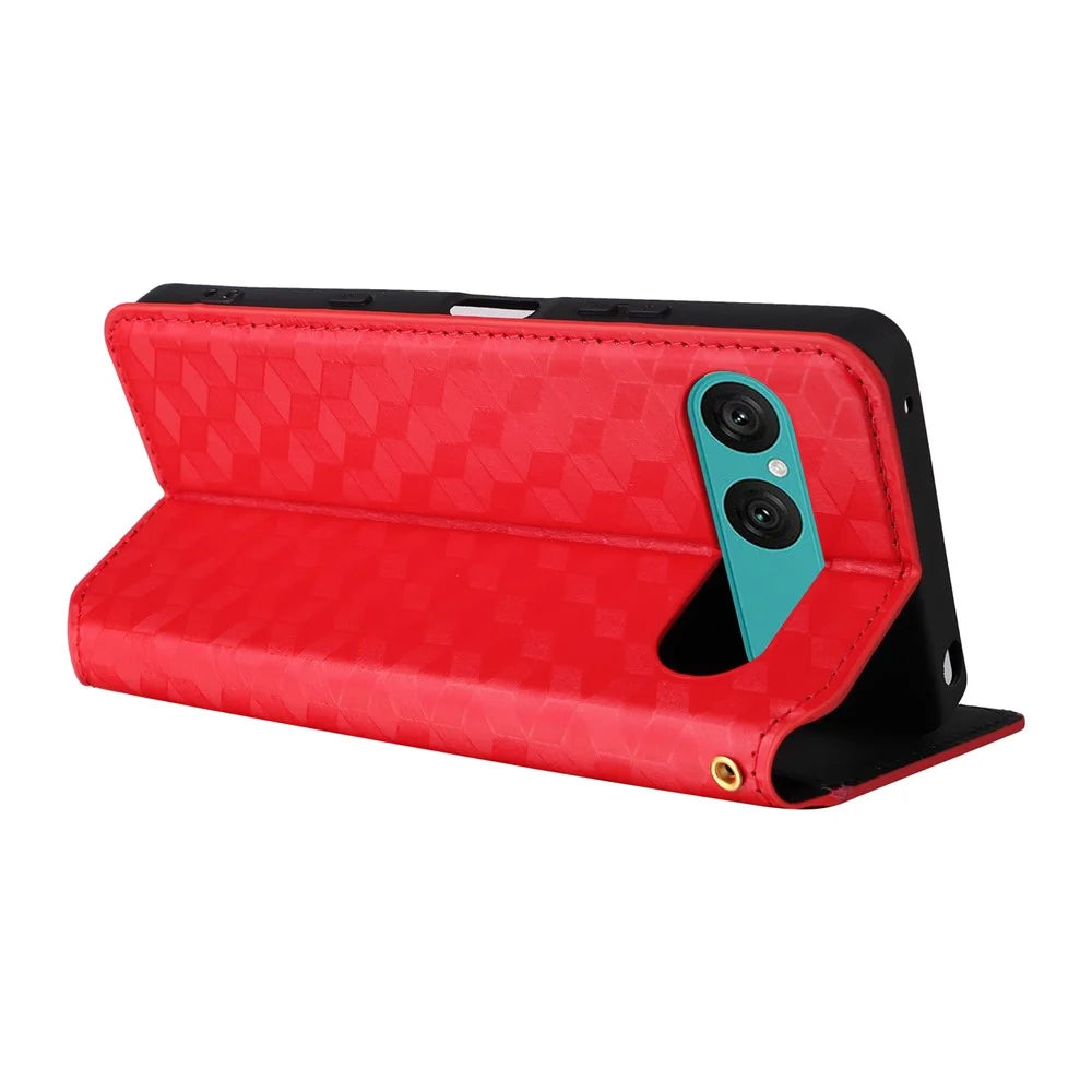 For Sony Xperia 10 VII Case Wallet Rhombus Imprinted Leather Phone Cover - Red - 5