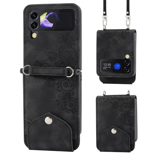 For Samsung Galaxy Z Flip4 5G Imprinted Flowers Skin-touch PU Leather Phone Case Stand Card Holder Folding Display Cover with Shoulder Strap - Black - 1