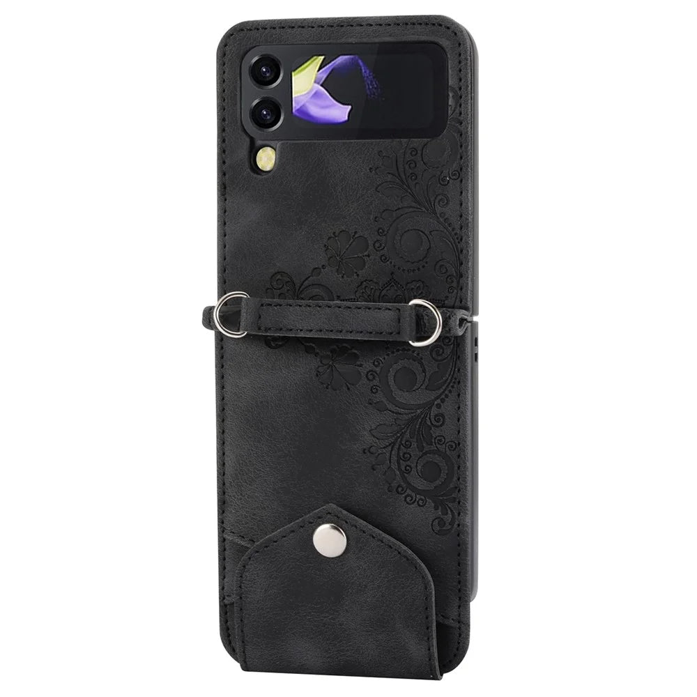 For Samsung Galaxy Z Flip4 5G Imprinted Flowers Skin-touch PU Leather Phone Case Stand Card Holder Folding Display Cover with Shoulder Strap - Black - 4