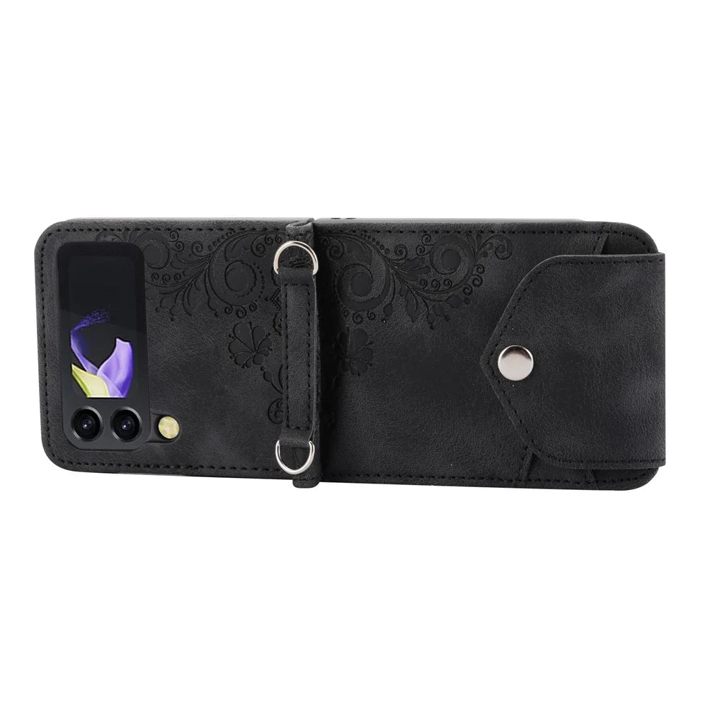 For Samsung Galaxy Z Flip4 5G Imprinted Flowers Skin-touch PU Leather Phone Case Stand Card Holder Folding Display Cover with Shoulder Strap - Black - 5