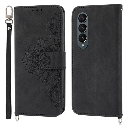 For Samsung Galaxy Z Fold4 5G Imprinted Flowers Skin-touch PU Leather Cover Wallet Stand Folding Phone Case with Shoulder Strap - Black - 1