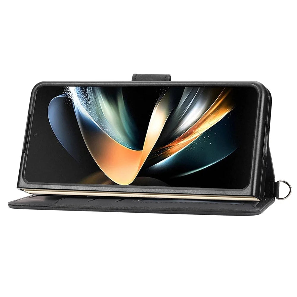 For Samsung Galaxy Z Fold4 5G Imprinted Flowers Skin-touch PU Leather Cover Wallet Stand Folding Phone Case with Shoulder Strap - Black - 2