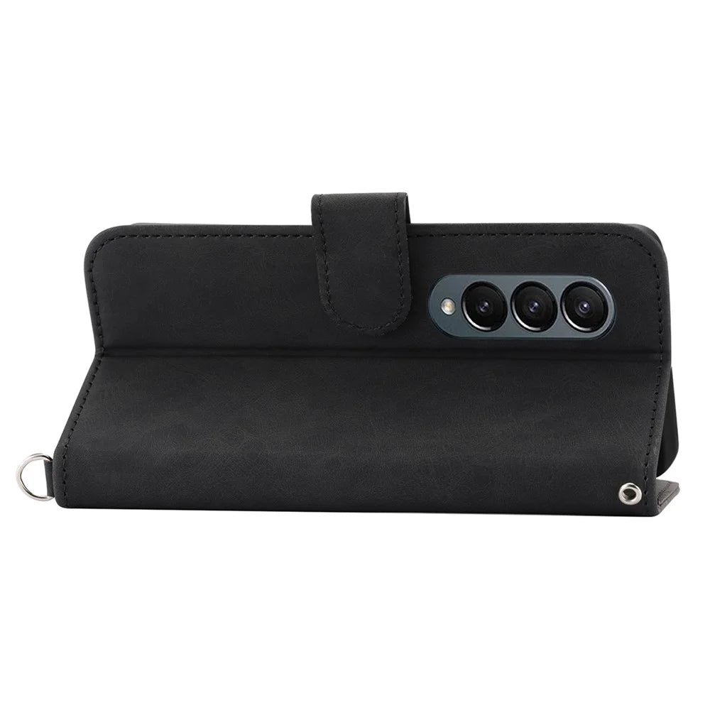 For Samsung Galaxy Z Fold4 5G Imprinted Flowers Skin-touch PU Leather Cover Wallet Stand Folding Phone Case with Shoulder Strap - Black - 3