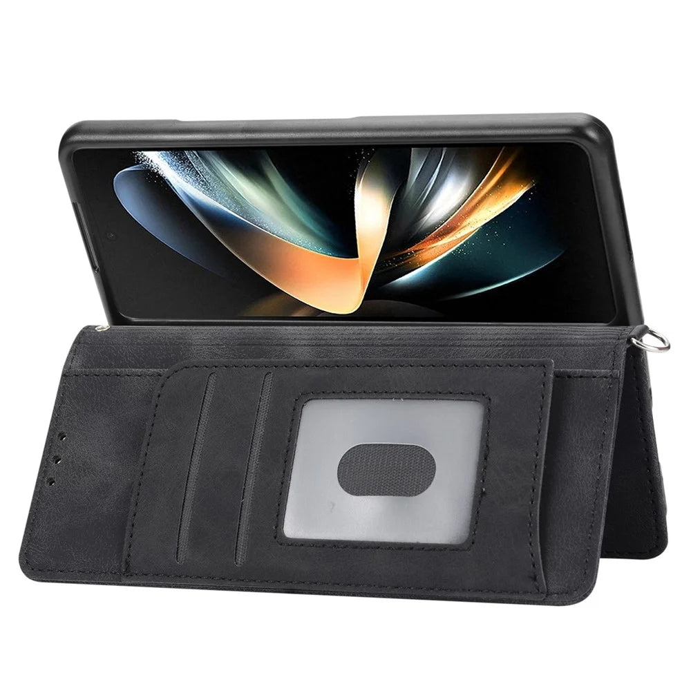 For Samsung Galaxy Z Fold4 5G Imprinted Flowers Skin-touch PU Leather Cover Wallet Stand Folding Phone Case with Shoulder Strap - Black - 4