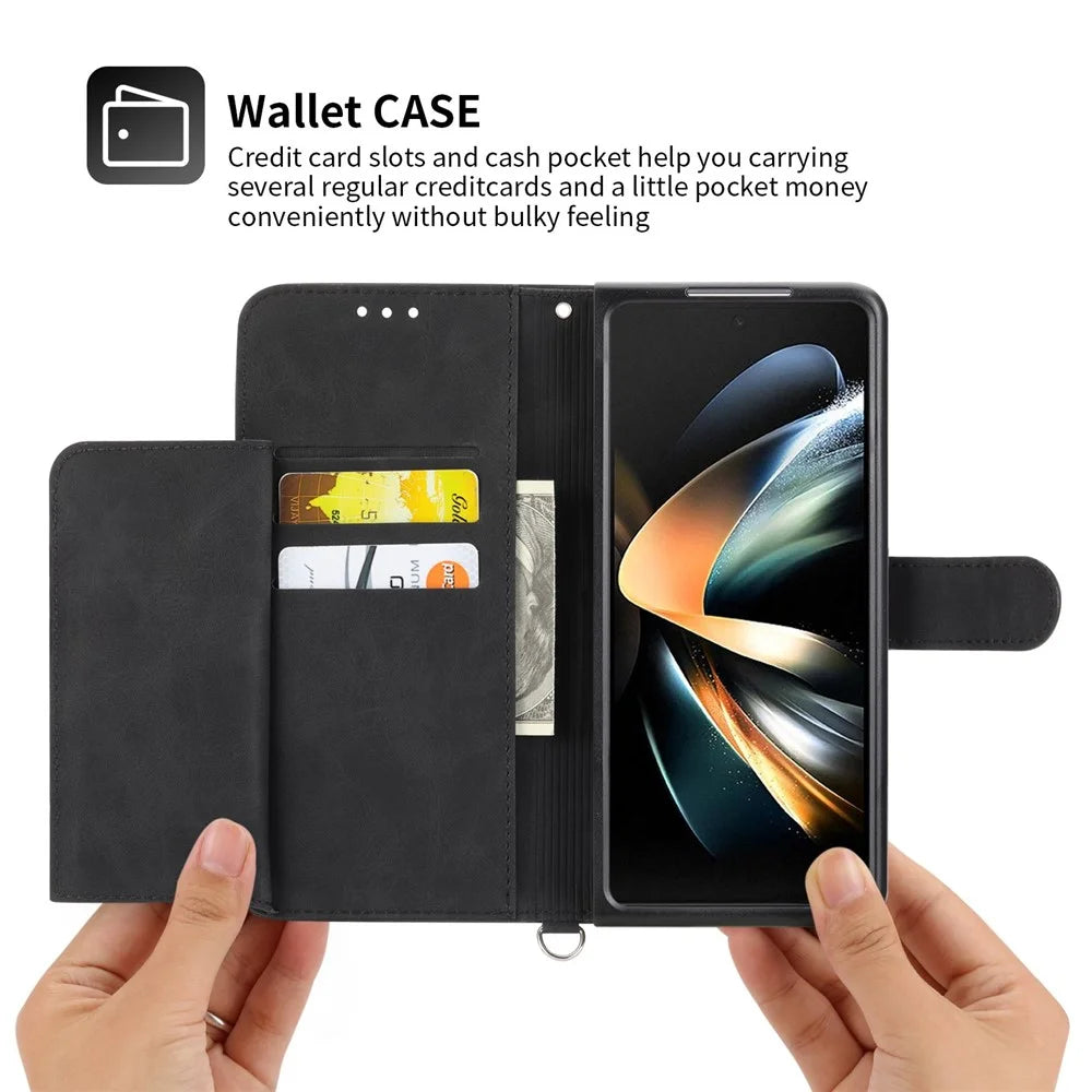 For Samsung Galaxy Z Fold4 5G Imprinted Flowers Skin-touch PU Leather Cover Wallet Stand Folding Phone Case with Shoulder Strap - Black - 5