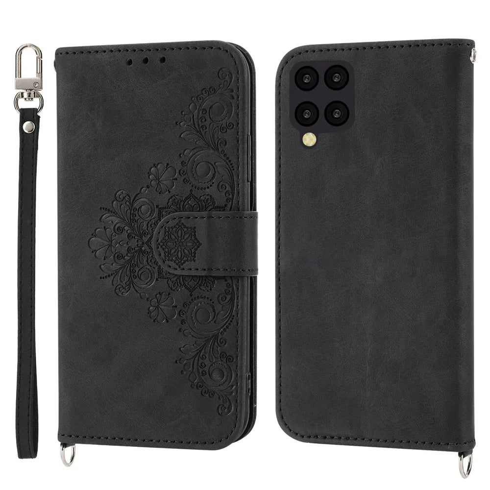 For Samsung Galaxy A12 Imprinted Flowers PU Leather Skin-touch Stand Phone Case Multiple Card Slots Wallet Cover with Wrist Strap and Shoulder Strap - Black - 1
