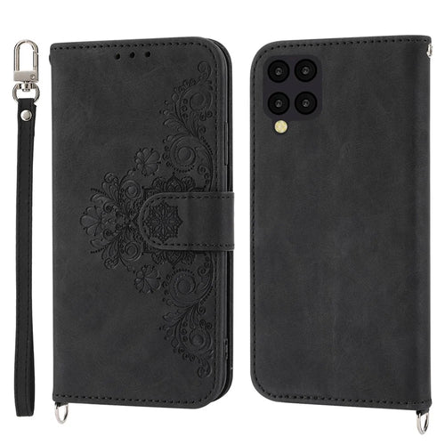 For Samsung Galaxy A12 Imprinted Flowers PU Leather Skin-touch Stand Phone Case Multiple Card Slots Wallet Cover with Wrist Strap and Shoulder Strap - Black - 1
