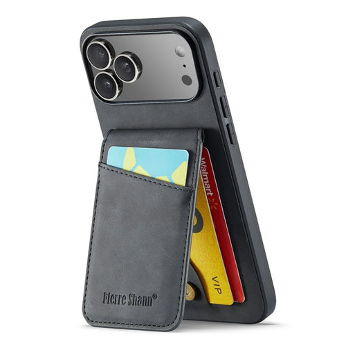 FIERRE SHANN For iPhone 17 Pro Case Card Holder Kickstand Leather RFID Blocking Back Cover - Black - 1