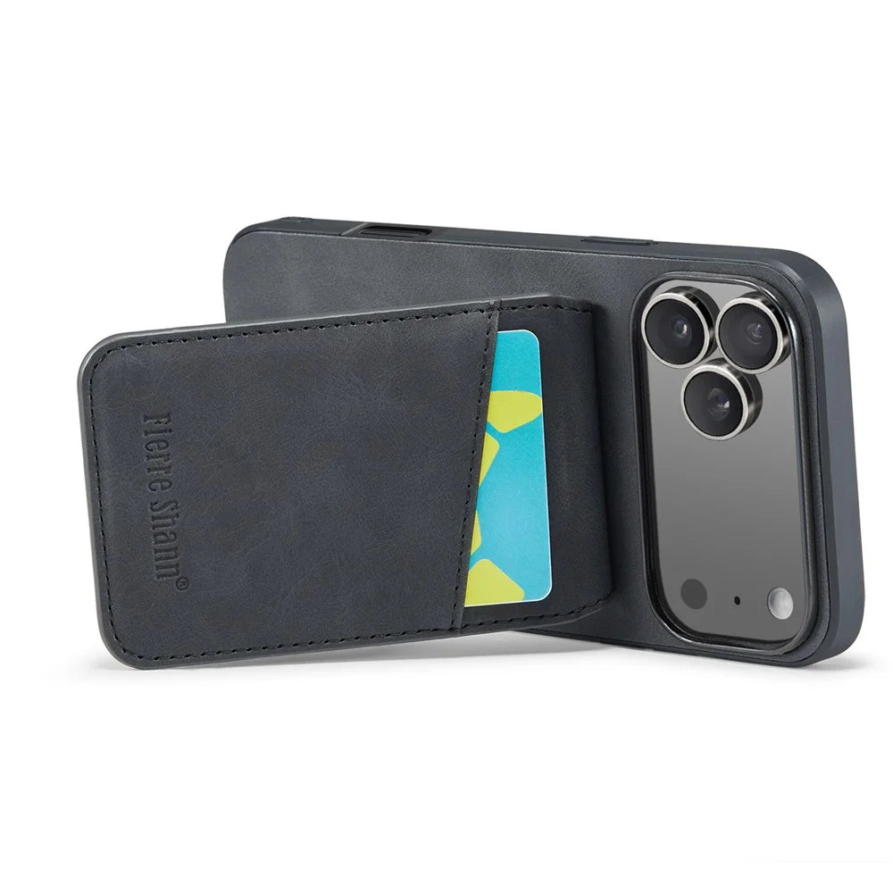 FIERRE SHANN For iPhone 17 Pro Case Card Holder Kickstand Leather RFID Blocking Back Cover - Black - 2