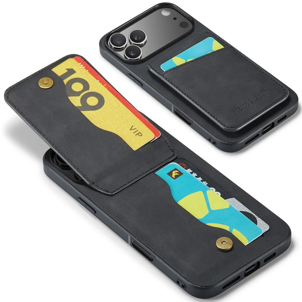 FIERRE SHANN For iPhone 17 Pro Case Card Holder Kickstand Leather RFID Blocking Back Cover - Black - 3