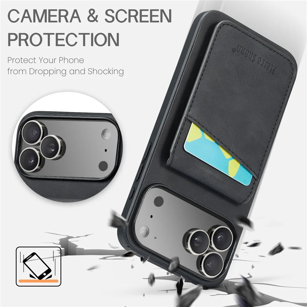 FIERRE SHANN For iPhone 17 Pro Case Card Holder Kickstand Leather RFID Blocking Back Cover - Black - 4
