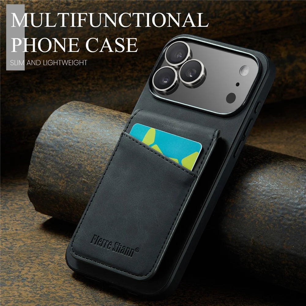 FIERRE SHANN For iPhone 17 Pro Case Card Holder Kickstand Leather RFID Blocking Back Cover - Black - 6