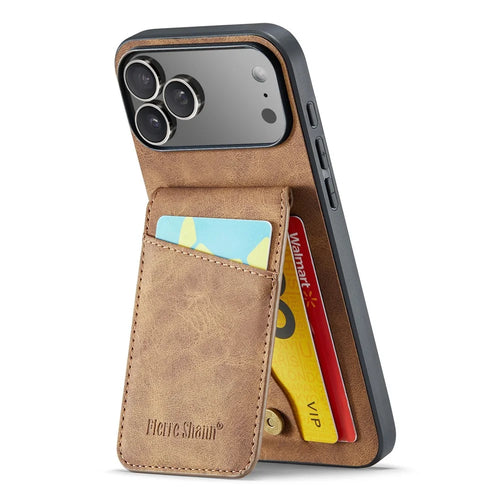 FIERRE SHANN For iPhone 17 Pro Max Case Card Holder Kickstand Leather RFID Blocking Back Cover - Brown - 1