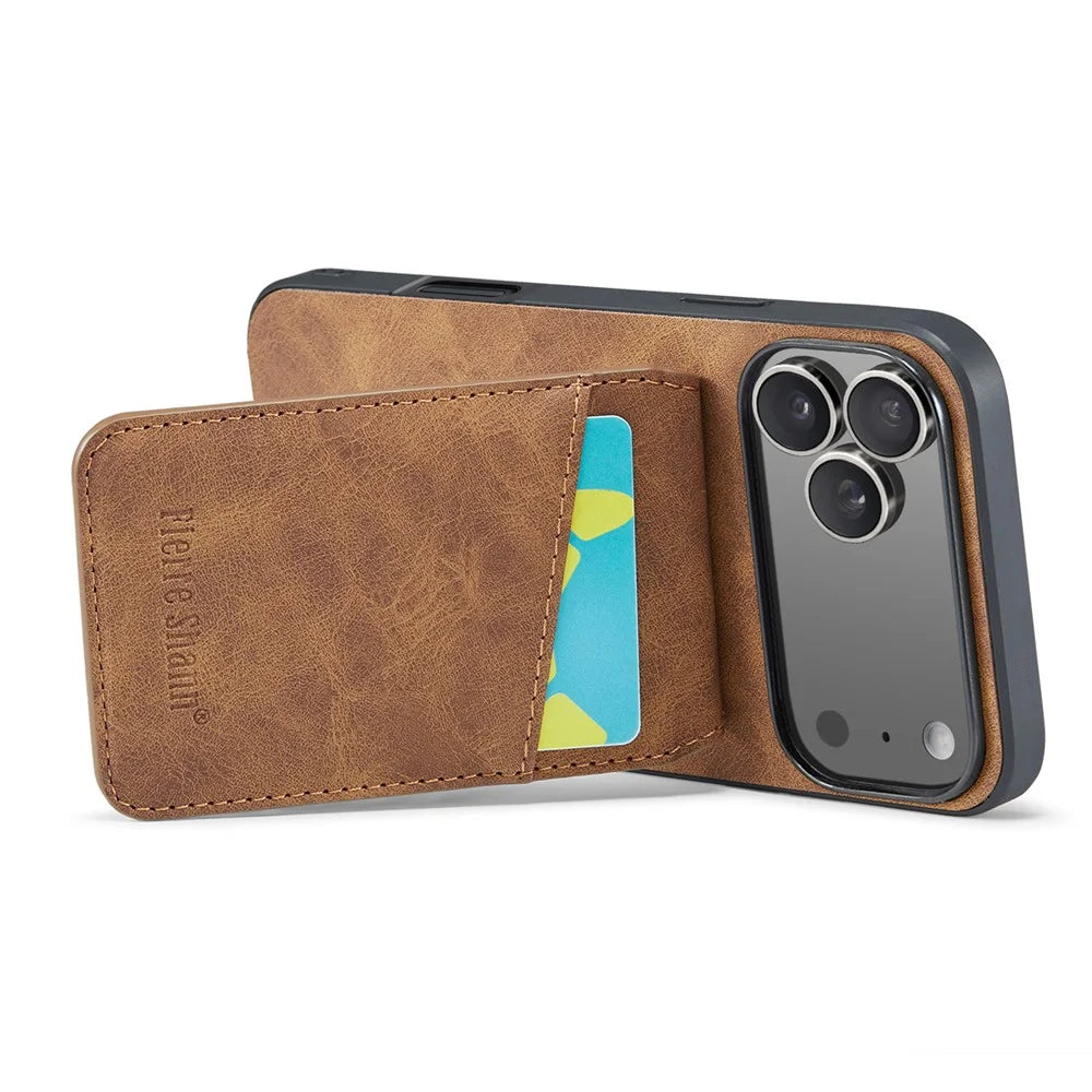 FIERRE SHANN For iPhone 17 Pro Max Case Card Holder Kickstand Leather RFID Blocking Back Cover - Brown - 2