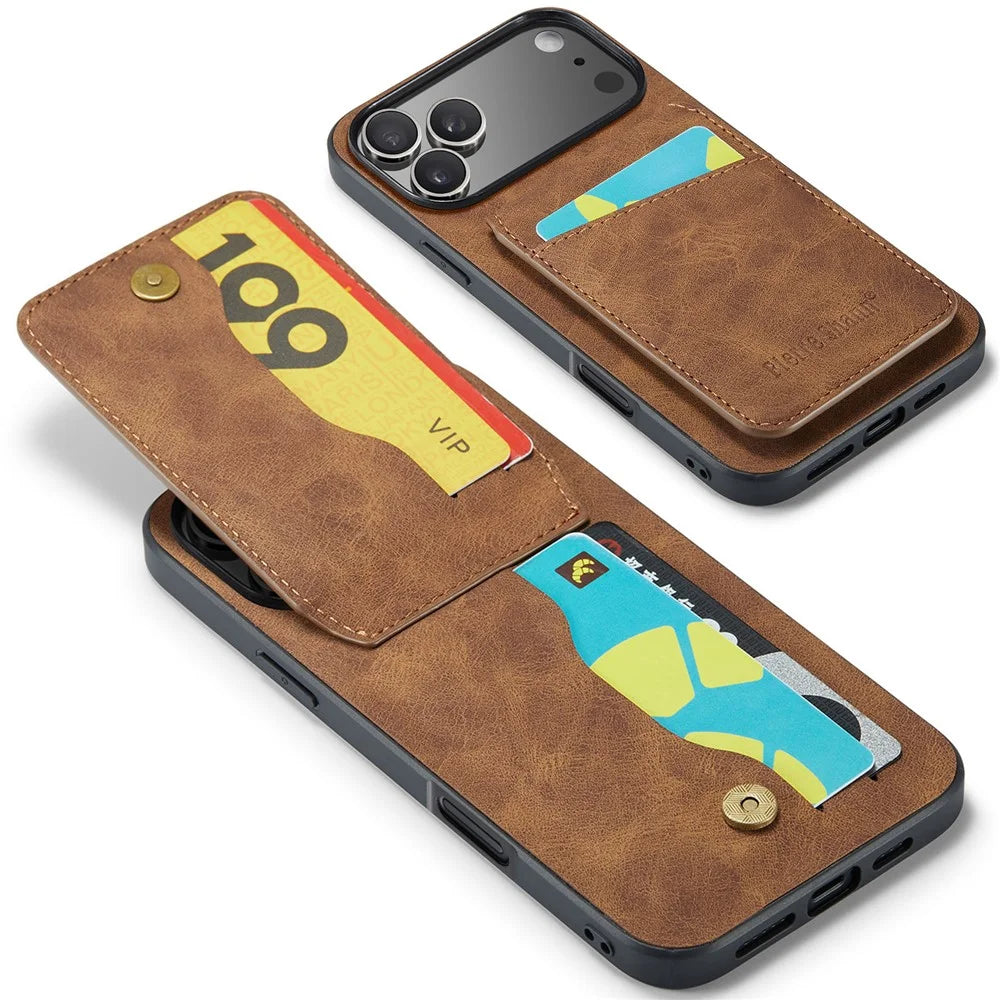FIERRE SHANN For iPhone 17 Pro Max Case Card Holder Kickstand Leather RFID Blocking Back Cover - Brown - 3