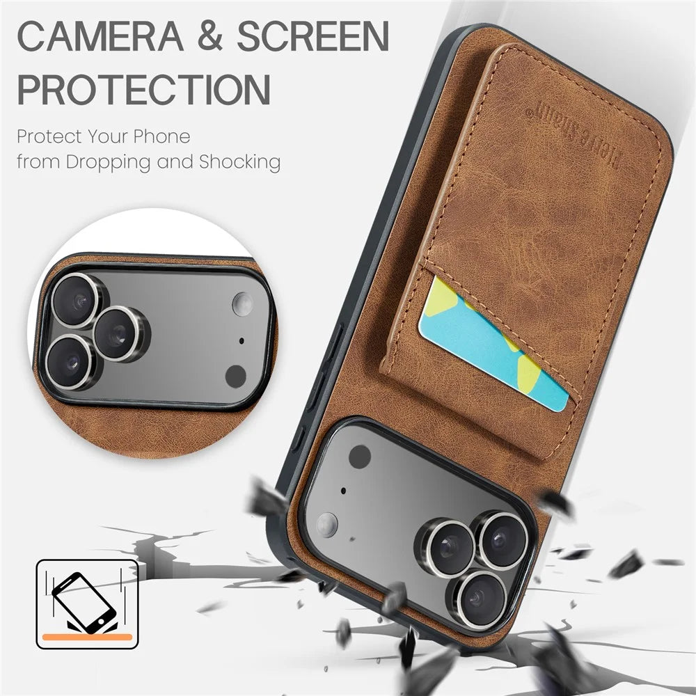 FIERRE SHANN For iPhone 17 Pro Max Case Card Holder Kickstand Leather RFID Blocking Back Cover - Brown - 4