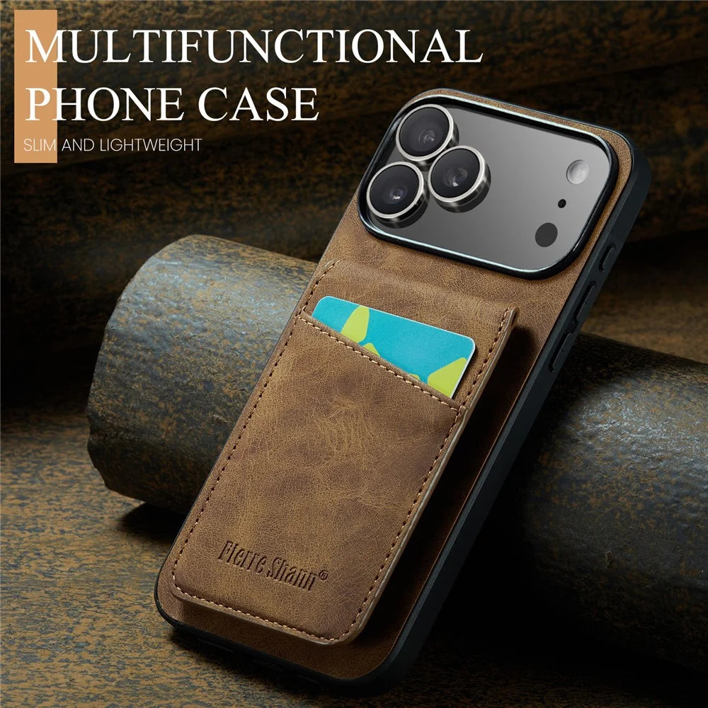 FIERRE SHANN For iPhone 17 Pro Max Case Card Holder Kickstand Leather RFID Blocking Back Cover - Brown - 6