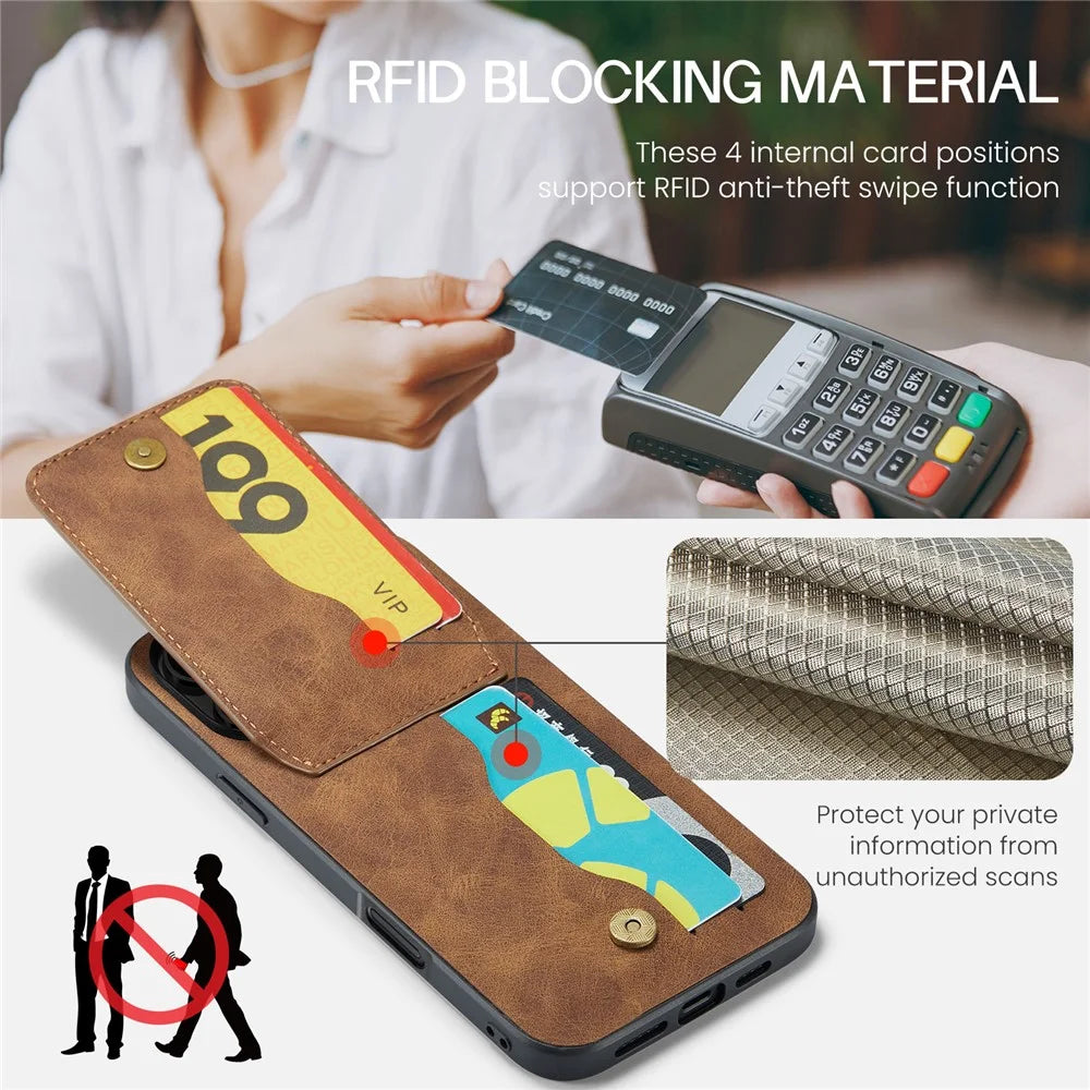 FIERRE SHANN For iPhone 17 Pro Max Case Card Holder Kickstand Leather RFID Blocking Back Cover - Brown - 7