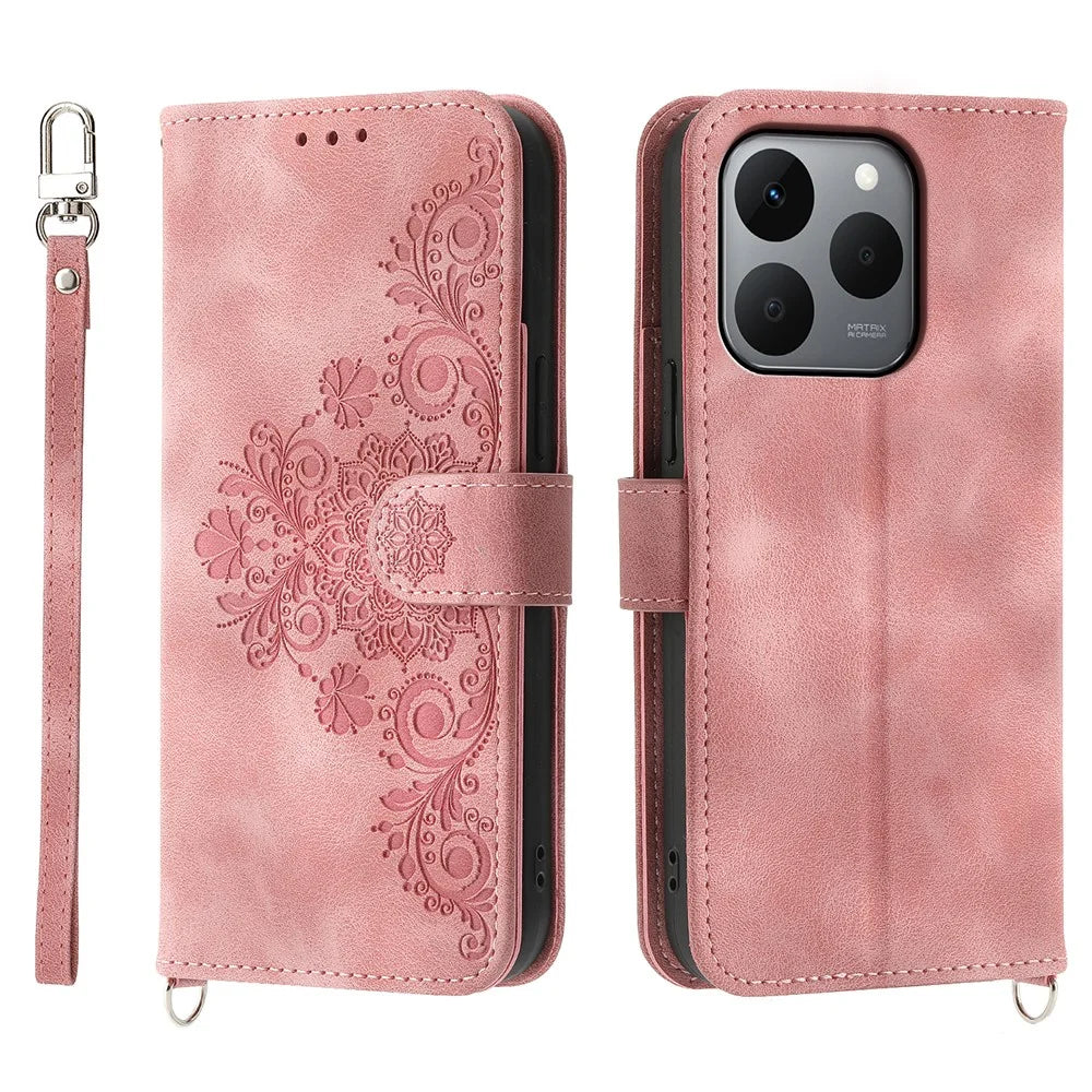 For Realme 15T 5G Case Flower Pattern PU Leather Wallet Phone Cover with Strap - Pink - 1