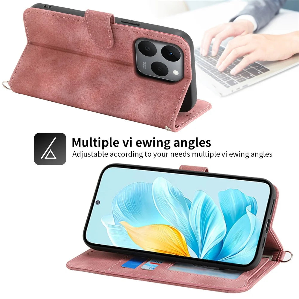 For Realme 15T 5G Case Flower Pattern PU Leather Wallet Phone Cover with Strap - Pink - 6