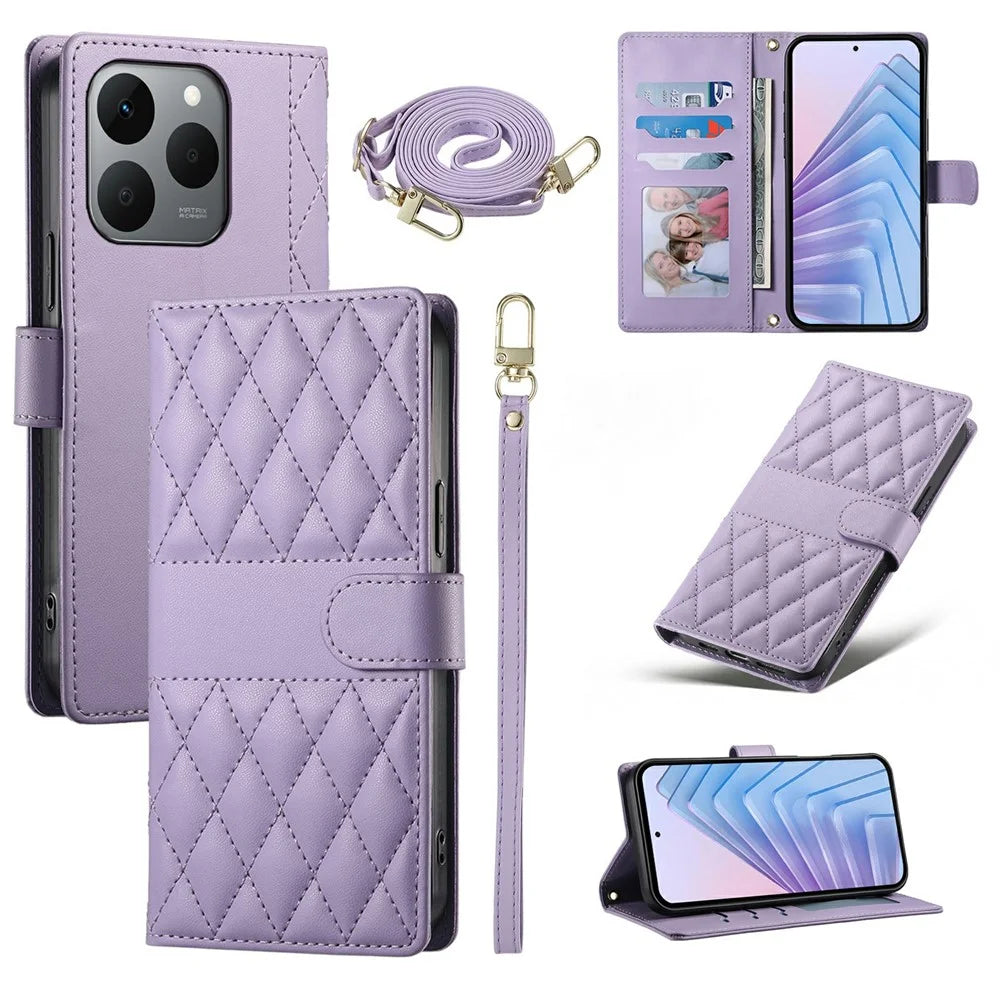 For Realme 15T 5G Wallet Case Rhombus Stitching Stand Leather Phone Cover with Long  /  Short Strap - Purple - 1