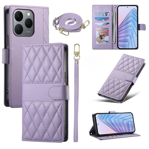 For Realme 15T 5G Wallet Case Rhombus Stitching Stand Leather Phone Cover with Long  /  Short Strap - Purple - 1