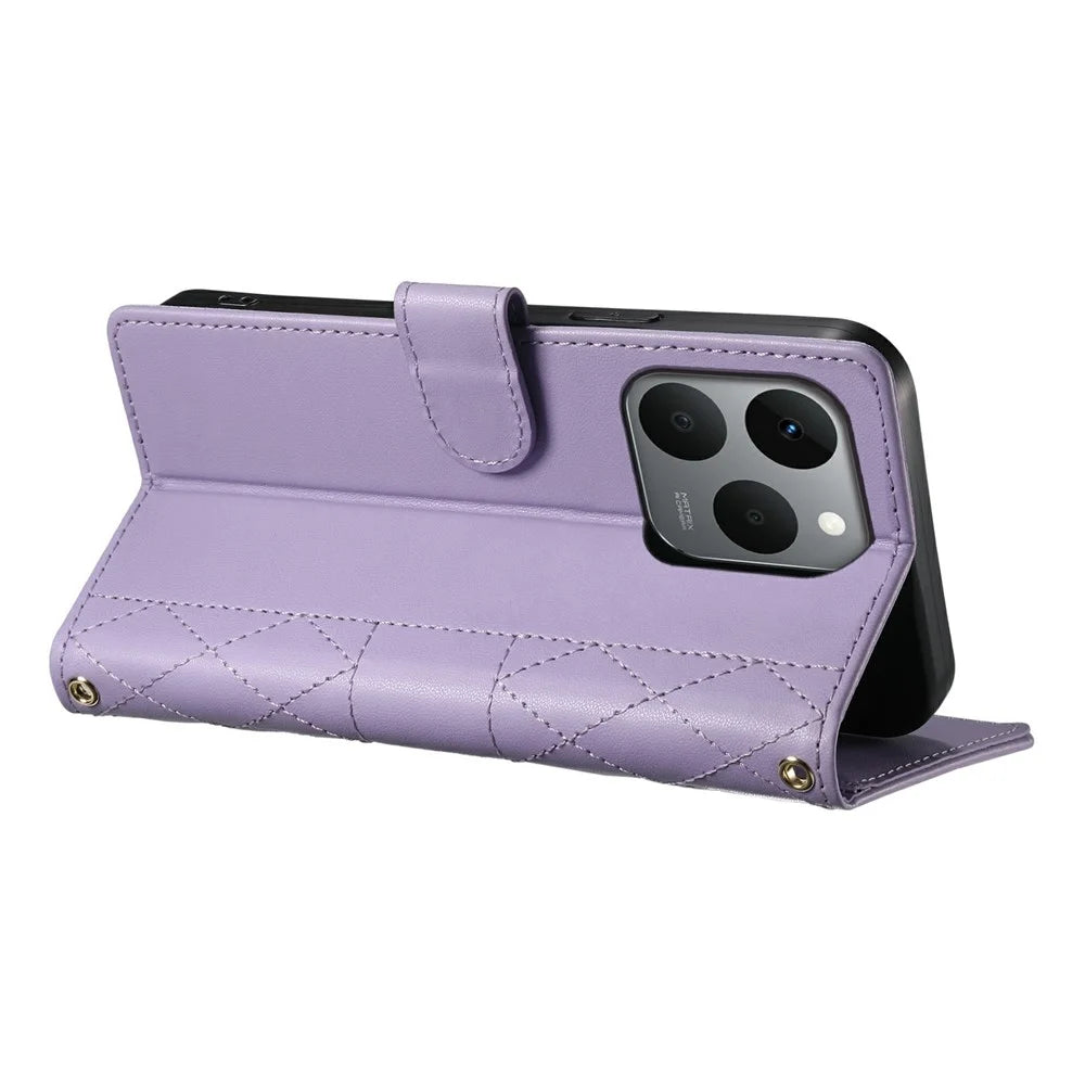 For Realme 15T 5G Wallet Case Rhombus Stitching Stand Leather Phone Cover with Long  /  Short Strap - Purple - 4