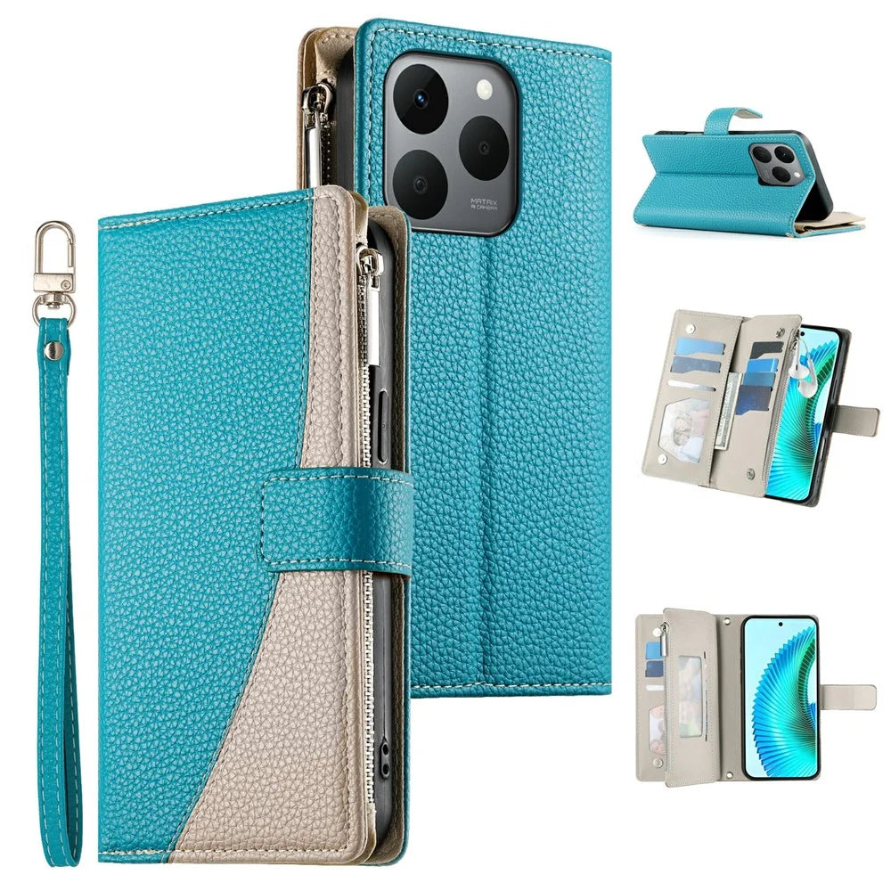 For Realme 15T 5G Case Zipper Wallet Color Splicing Leather Flip Phone Cover with Straps - Lake Blue - 1