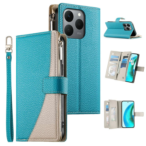 For Realme 15T 5G Case Zipper Wallet Color Splicing Leather Flip Phone Cover with Straps - Lake Blue - 1