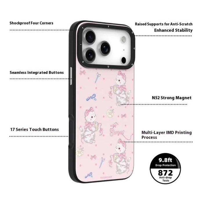 YOUNGKIT Cute Moments Series For iPhone 17 Pro Magnetic Case IMD Shockproof TPU Phone Back Cover - Pink Sugar Kitten - 5