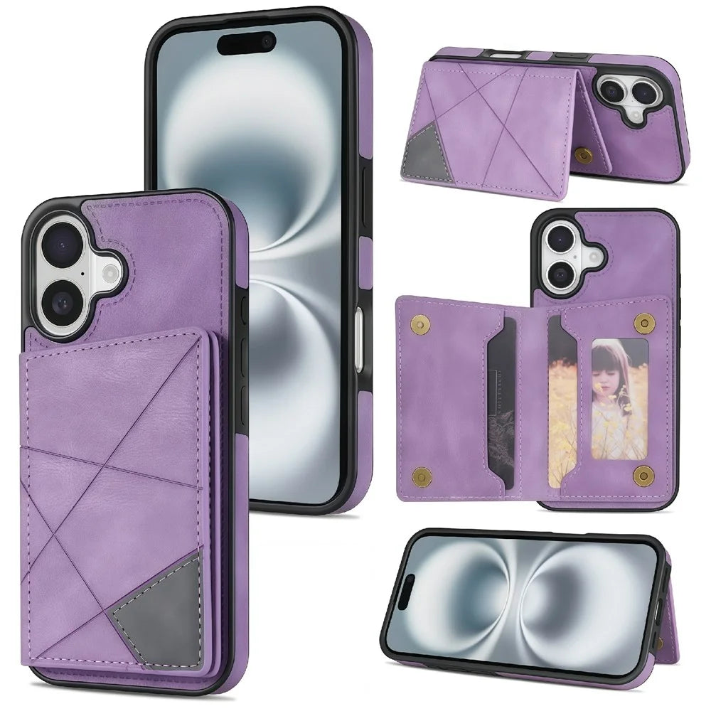 For iPhone 17 Case Line Imprinted Color Splicing Leather Phone Cover - Purple - 1