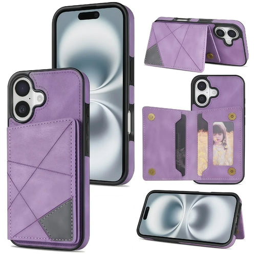 For iPhone 17 Case Line Imprinted Color Splicing Leather Phone Cover - Purple - 1