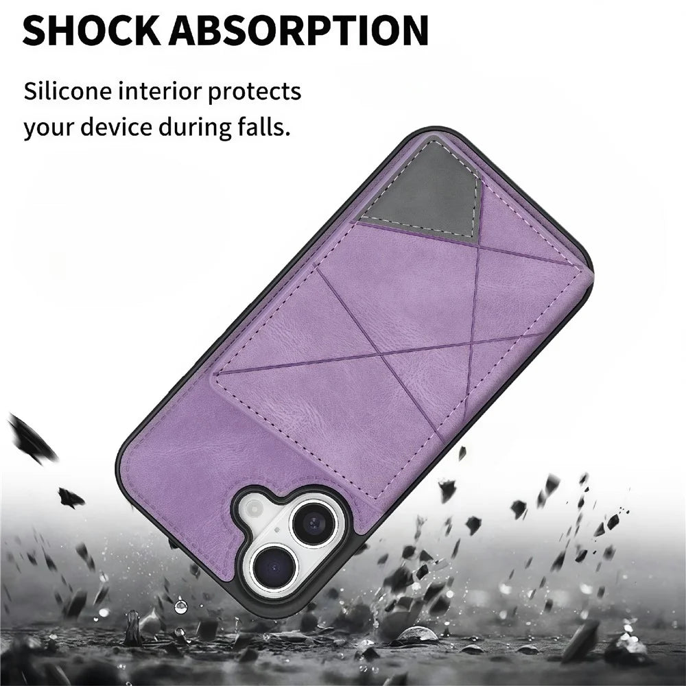 For iPhone 17 Case Line Imprinted Color Splicing Leather Phone Cover - Purple - 7