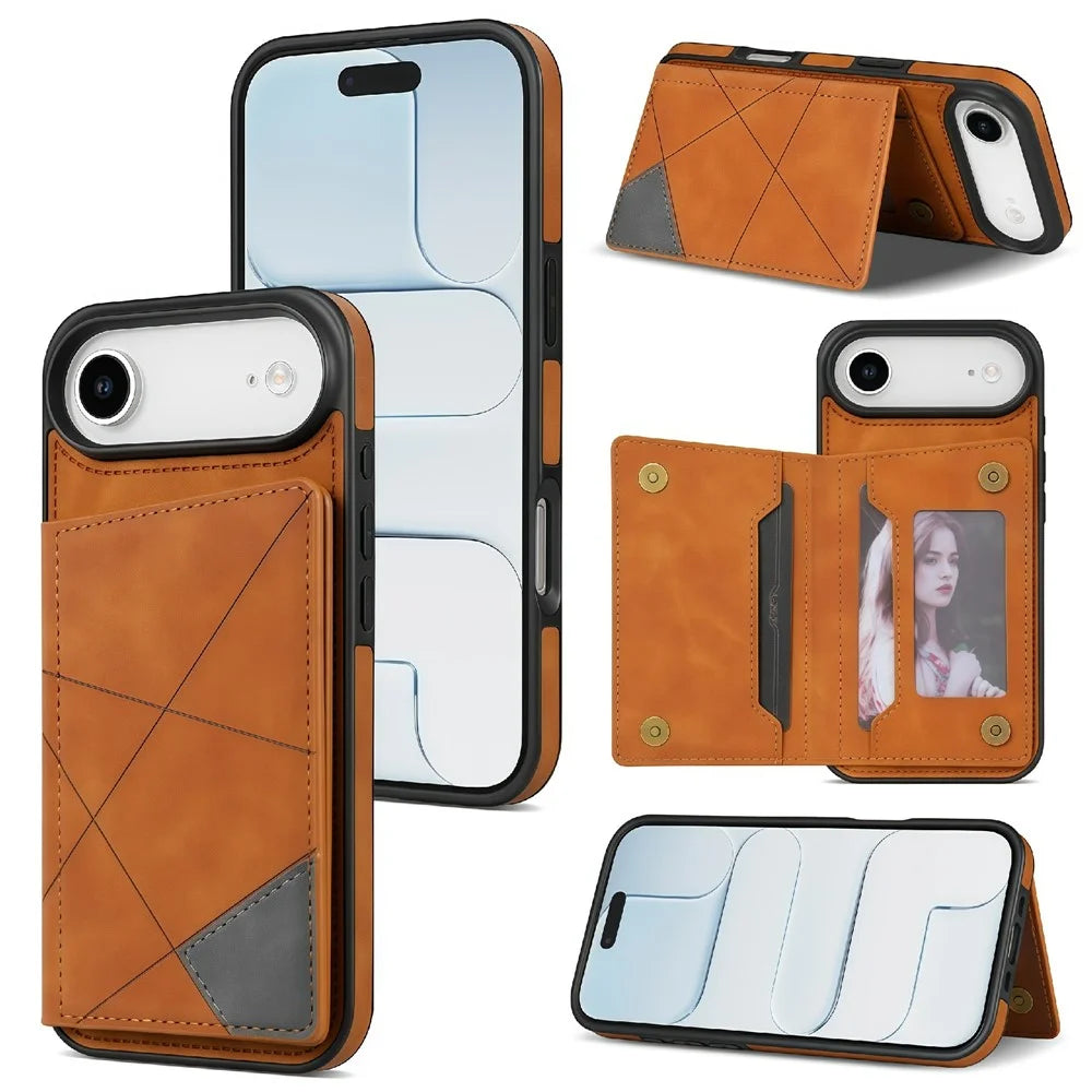 For iPhone Air Case Line Imprinted Color Splicing Leather Phone Cover - Orange - 1